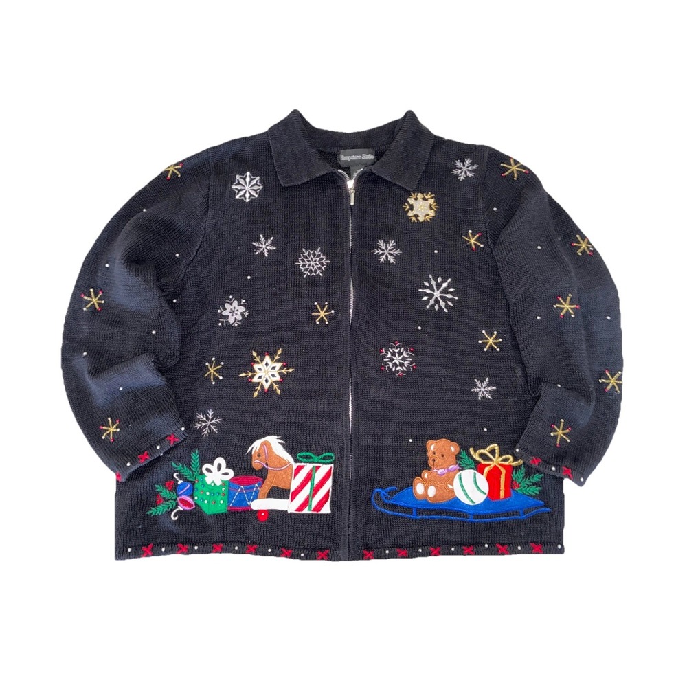 Hampshire Studio Cardigan Women's 2X Black Snowflakes Santa Christmas Beads Vtg‎